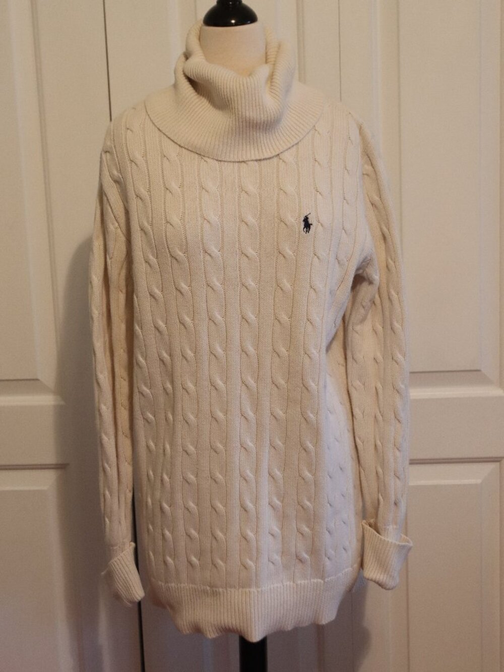 Ralph Lauren Sport Long Sleeve Cable Knit Pullover Turtle Neck Sweater Cream Lrg